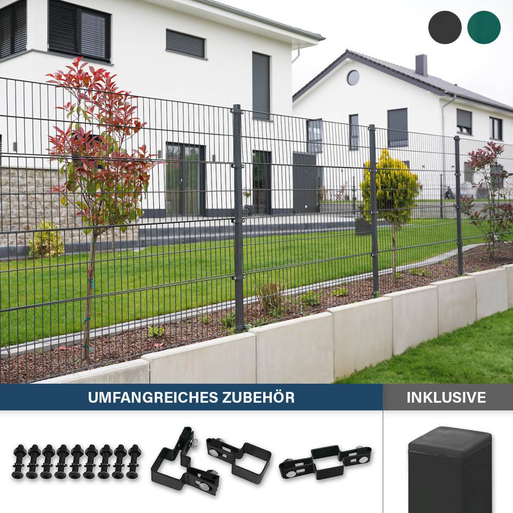 DOPPELSTABMATTENZAUN MORATA - Farbe / Höhe / Länge: Farbe: Anthrazit / Höhe: 160 cm / Länge: 10 m, Anzahl Eckpfosten: 2x Eckpfosten