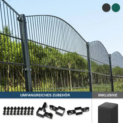 DOPPELSTABMATTENZAUN MORATA - Farbe / Höhe / Länge: Farbe: Moosgrün / Höhe: 200 cm / Länge: 46 m, Anzahl Eckpfosten: 2x Eckpfosten DOPPELSTABMATTENZAUN MORATA - Farbe / Höhe / Länge: Farbe: Moosgrün / Höhe: 200 cm / Länge: 46 m, Anzahl Eckpfosten: 2x Eckpfosten