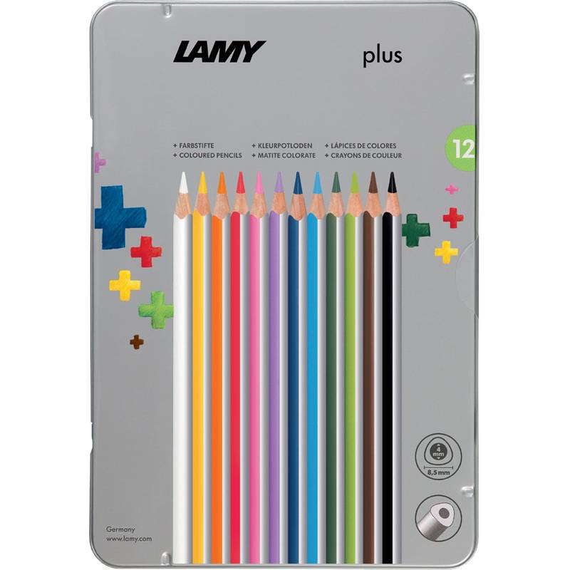 Schachtel mit 12 mehrfarbigen Lamy Buntstiften, die in einer vertikalen Linie angeordnet sind. Oben links befindet sich das Lamy-Logo mit farbigen Pluszeichen drumherum.