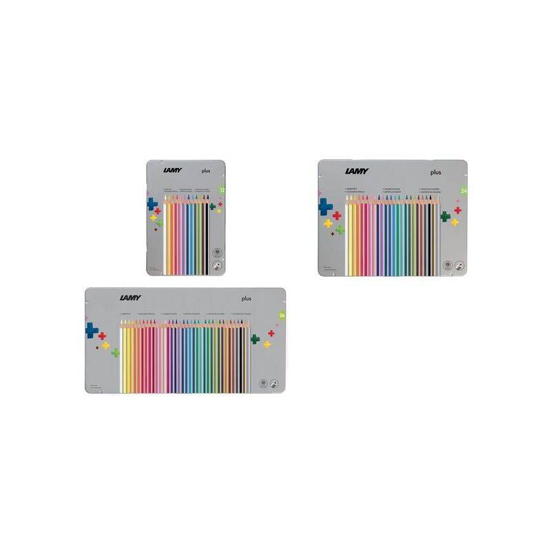 Drei LAMY-Farbstiftsets in grauer Verpackung, in verschiedenen Größen gezeigt, mit auf der Vorderseite angezeigten Regenbogenstiften.