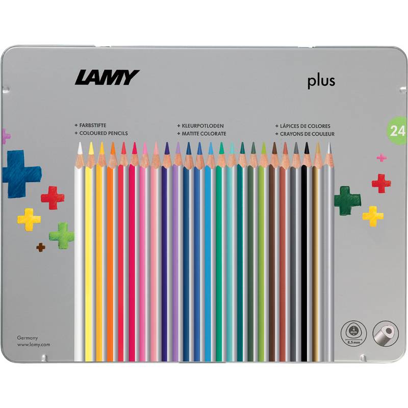 Eine Metallbox, die 24 farbige Buntstifte in einer Reihe enthält. Der Markenname 'LAMY' befindet sich oben links. Bunte Pluszeichen verzieren die Kanten.