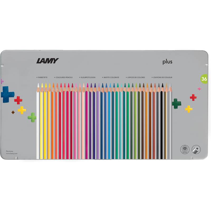 LAMY plus 36 Farbstifte in einer grauen Metalldose, in einer Regenbogenreihe angeordnet mit dem Markennamen auf dem Deckel.