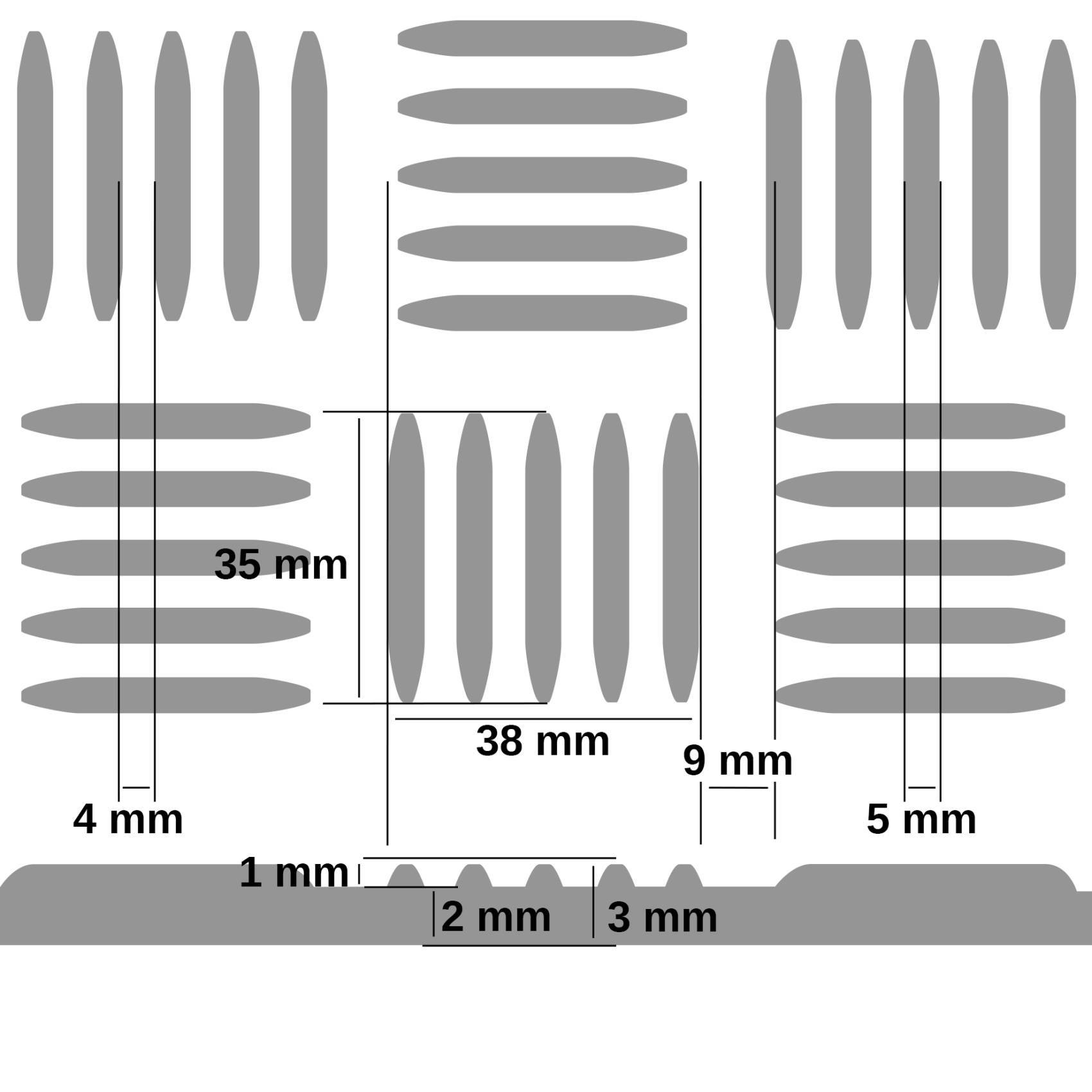 Mustermuster von länglichen Ovals mit Abmessungen: 35 mm, 38 mm, 9 mm, 4 mm, 1 mm, 2 mm, 3 mm und 5 mm.