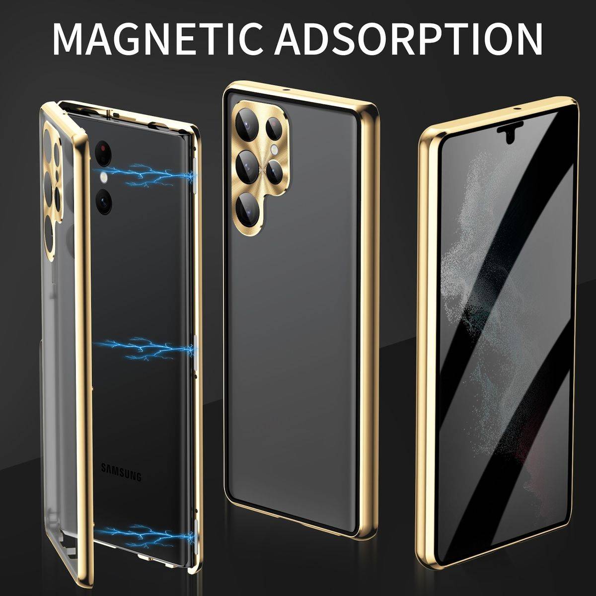 Für Samsung Galaxy S24 Plus Full Cover Magnet / Glas Privacy Hülle Handy Tasche Bumper Gold