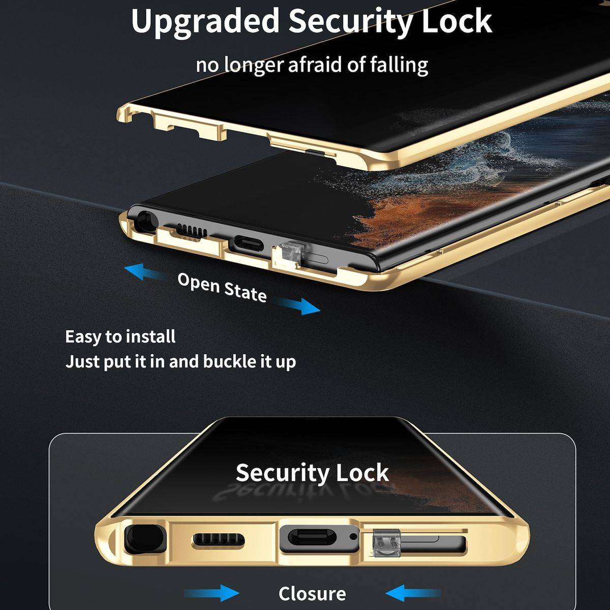 Für Samsung Galaxy S24 Plus Full Cover Magnet / Glas Privacy Hülle Handy Tasche Bumper Gold