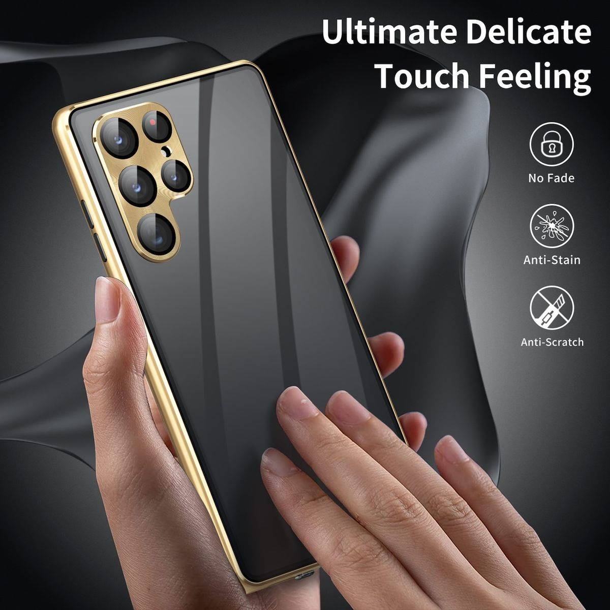 Für Samsung Galaxy S24 Ultra Full Cover Magnet / Glas Privacy Hülle Handy Tasche Bumper Gold