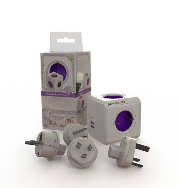 allocacoc PowerCube DuoUSB ReWirable Travel Plugs, Reiseadapter & 4x Verteiler mit USB (2,1 A), 230V Schuko