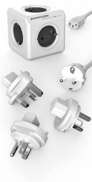 allocacoc PowerCube ReWirable Travel Plugs GRAU + DE Kabel, Reiseadapter & 5x Verteiler, 230V Schuko