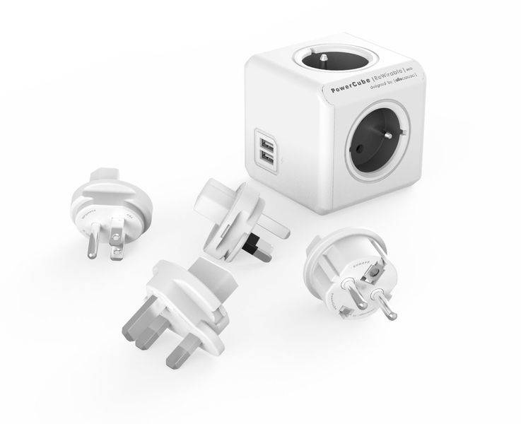 allocacoc PowerCube DuoUSB ReWirable Travel Plugs GRAU, Reiseadapter & 4x Verteiler mit USB (2,1 A), 230V (französische Norm)