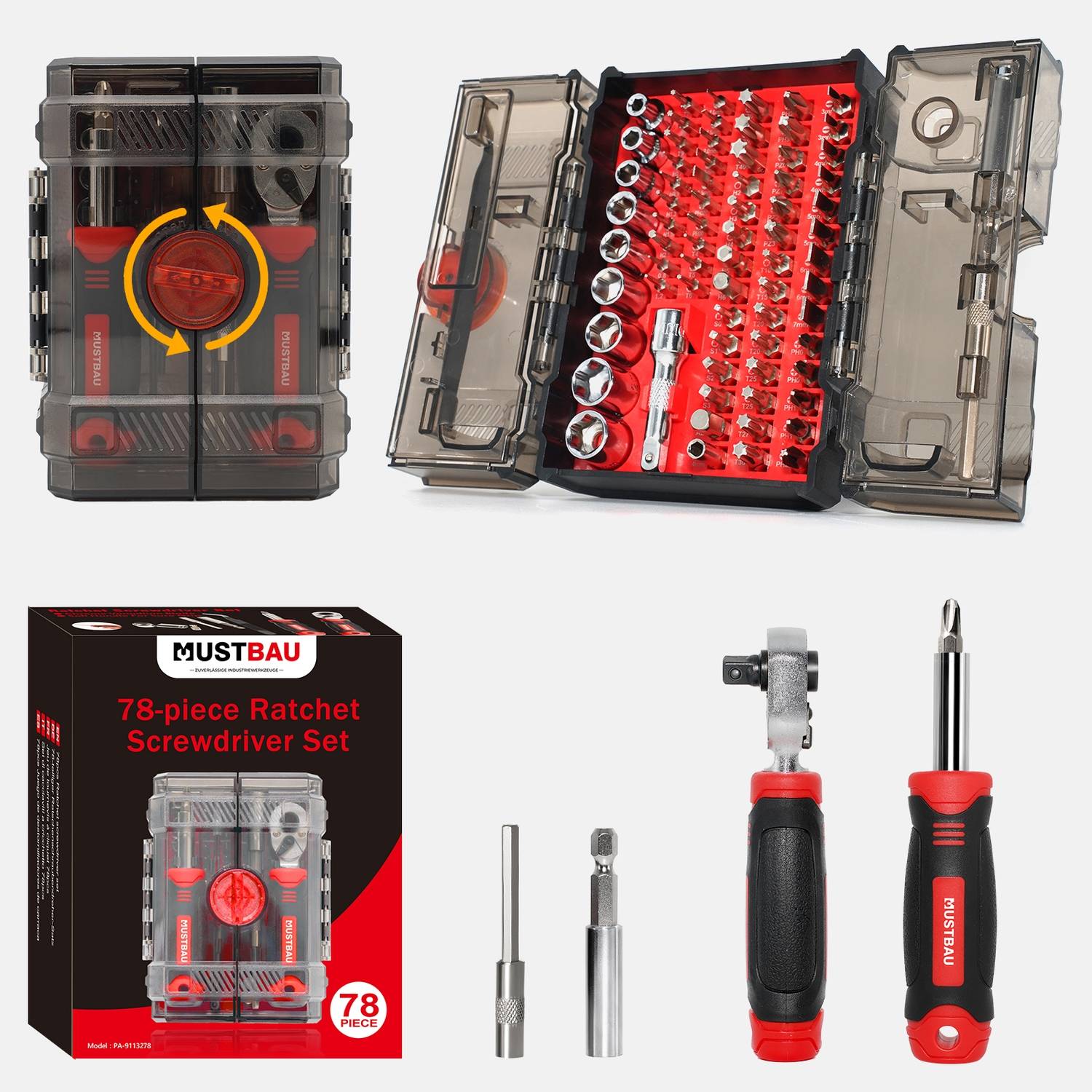 MUSTBAU 78-teilige Ratschenschraubendreher-Set, aus Stahl, für PCs, Computer, Laptops, Tablets, Kameras, Uhren