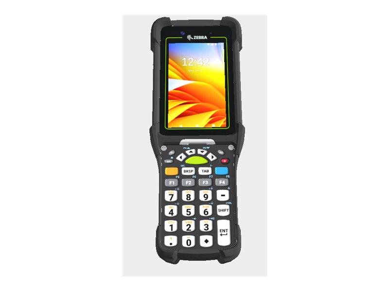 Robuster Zebra-Handscanner/mobiler Computer mit Touchscreen und physischer Tastatur, aufrecht auf einfachem Hintergrund angezeigt.