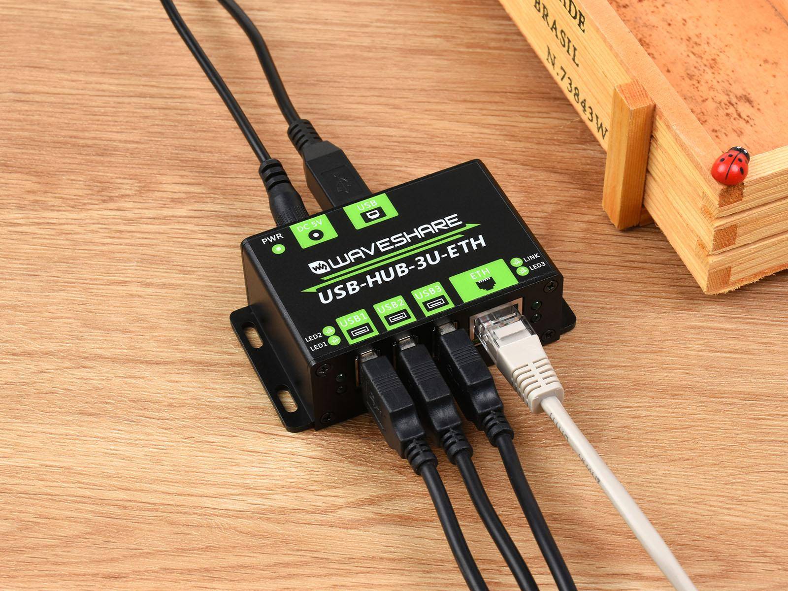 Waveshare Industrieller USB 2.0 Hub: 3x USB Port Erweiterung + RJ45 Ethernet Port, ohne Netzteil