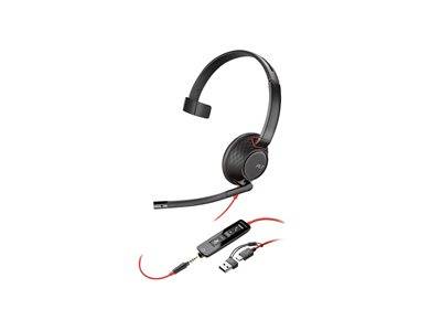 Ein schwarzes Einkopf-Headset mit Mikrofon, rotem Kabel, Inline-Steuerung und USB-Anschluss, geeignet für Anrufe und digitale Kommunikation.