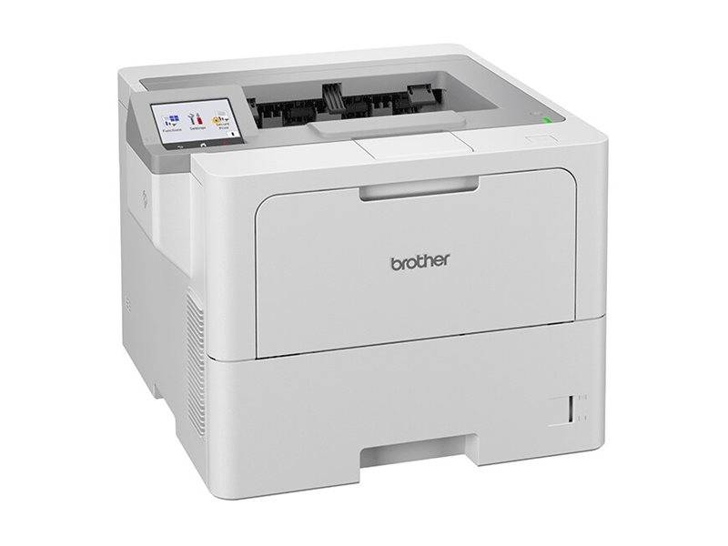 Brother-Schreibtisch-Laserdrucker in schrägem Winkel gezeigt, mit Touchscreen-Bedienfeld und geöffnetem Papierfach oben.