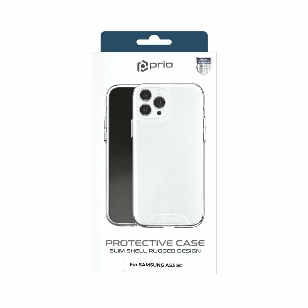 Verpackung für eine Prio Schutzhandyhülle mit durchsichtigem, schlankem, robustem Design für Samsung A53 5G.