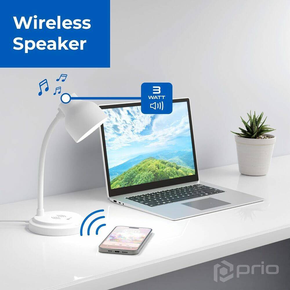 Kabelloser Lautsprecher' Text mit Laptop, Wireless-Gerät und Telefon, die Musiknoten ausstrahlen und eine 3-Watt-Lautsprecherfähigkeit hervorheben.