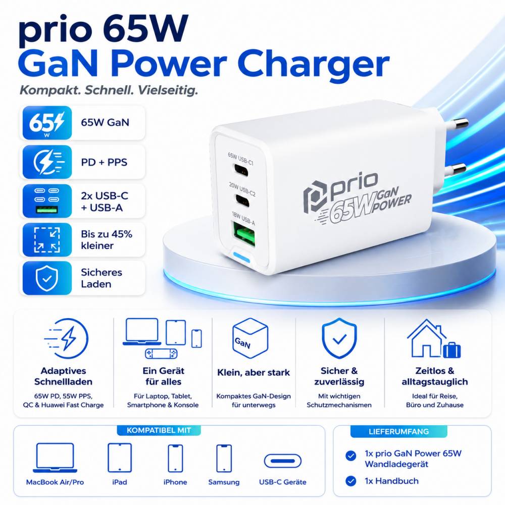 prio Wandladegerät GaN Power 65W PD PPS (USB C) + QC 3.0 (USB A) weiß
