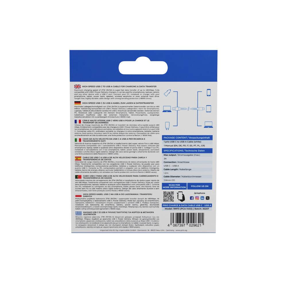 prio High-Speed Charge & Sync USB C auf USB A 3A 1,2 m weiß