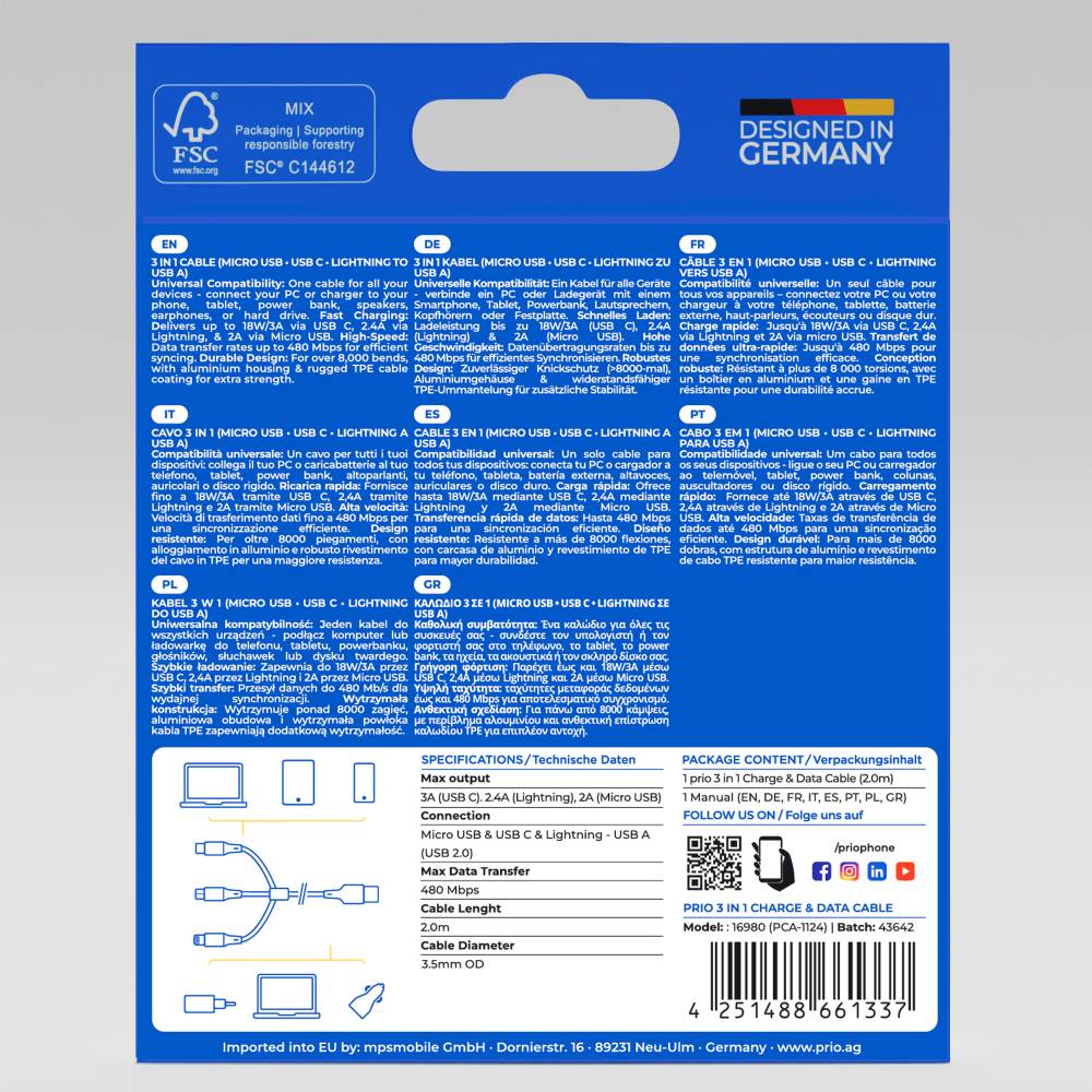 prio 3in1 Micro USB & USB C & Lightning zu USB A Kabel 3A 2m weiß