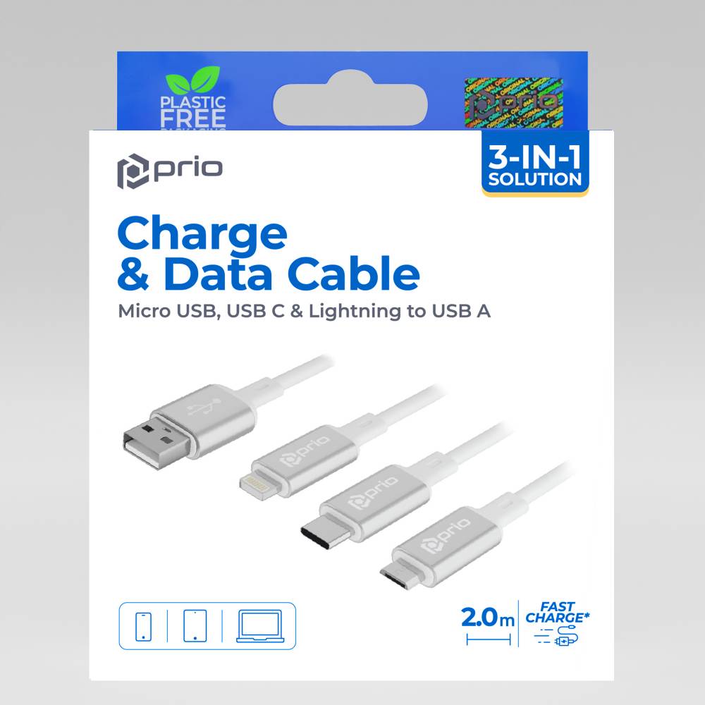 prio 3in1 Micro USB & USB C & Lightning zu USB A Kabel 3A 2m weiß