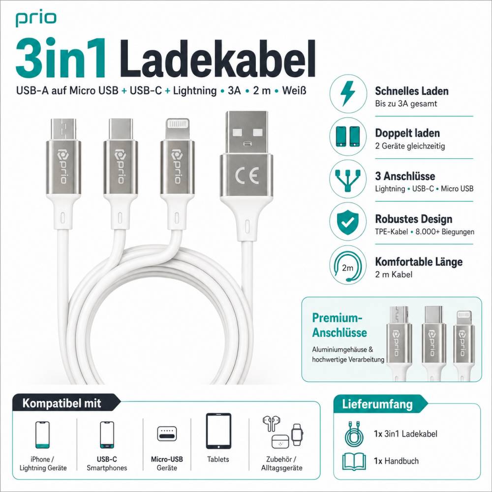 prio 3in1 Micro USB & USB C & Lightning zu USB A Kabel 3A 2m weiß