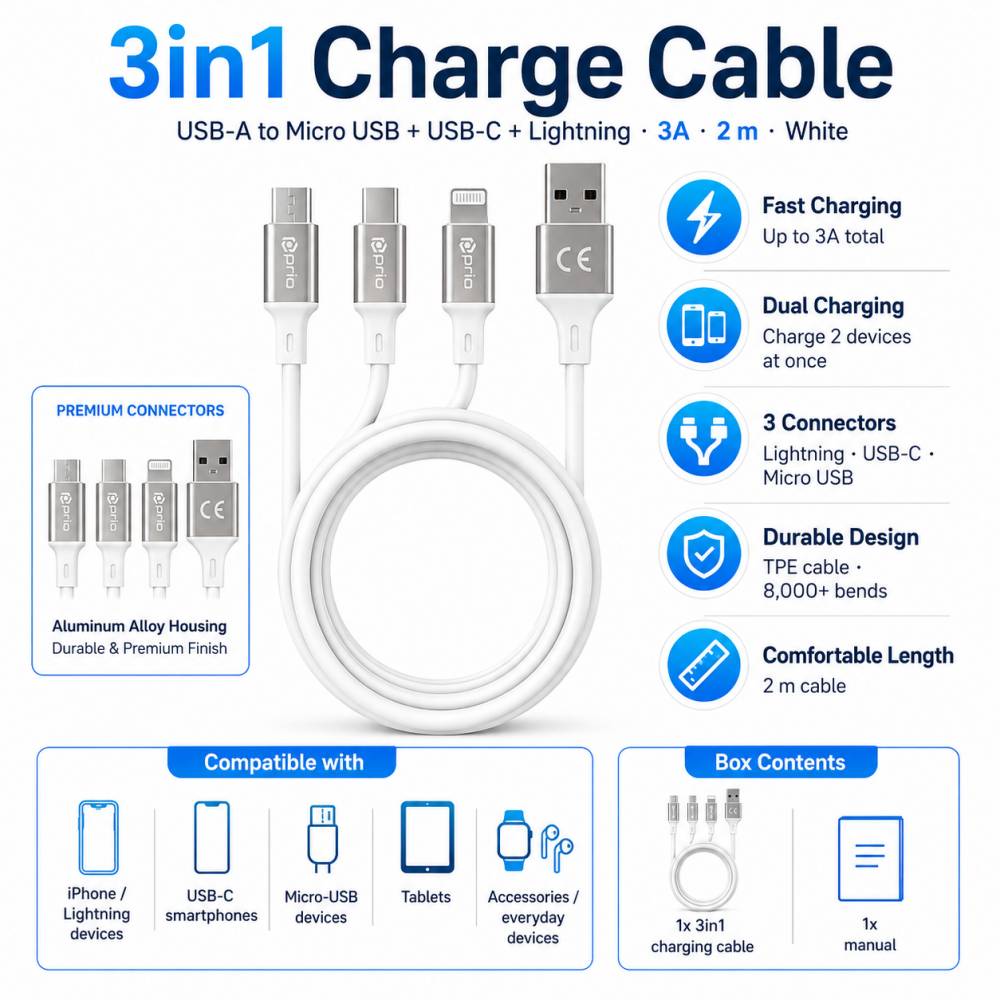 prio 3in1 Micro USB & USB C & Lightning zu USB A Kabel 3A 2m weiß