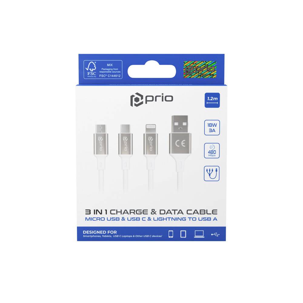 prio 3 in 1 Micro USB & USB C & Lightning zu USB A Kabel 3A 1,2m weiß