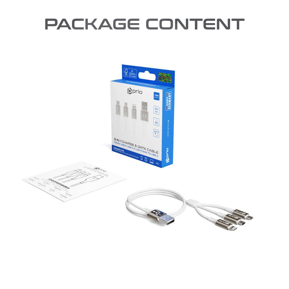 prio 3 in 1 Micro USB & USB C & Lightning zu USB A Kabel 3A 1,2m weiß