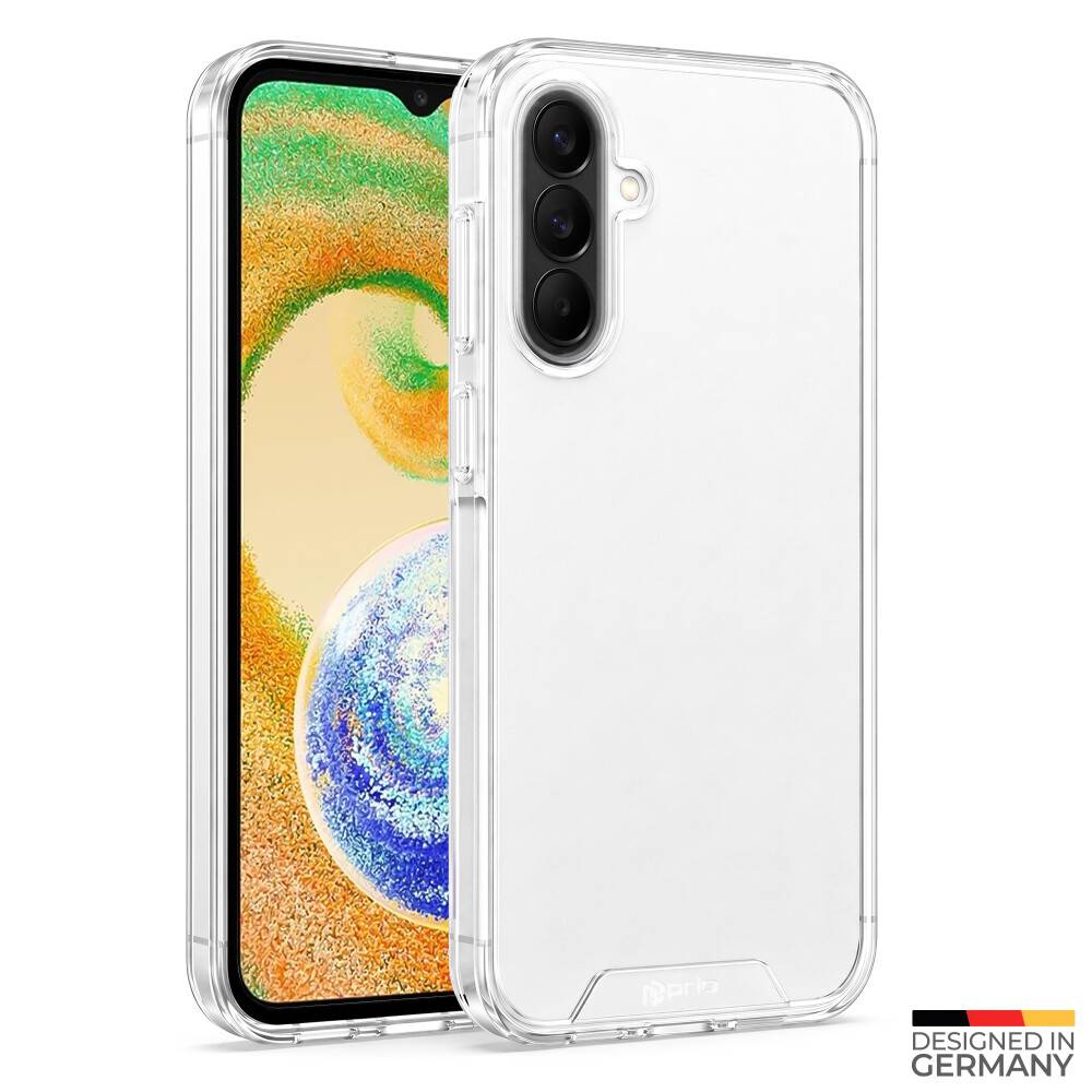 Durchsichtige Handyhülle auf einem Smartphone dargestellt, die die dreifache rückseitige Kamera und das Display des Telefons zeigt; „DESIGNED IN GERMANY