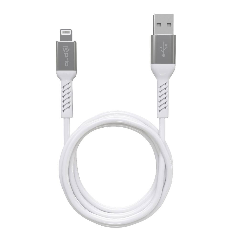 Ein weißes USB-zu-Lightning-Kabel zum Laden und zur Datenübertragung, zu einer Schleife gewickelt, wobei die Anschlüsse an beiden Enden sichtbar sind.