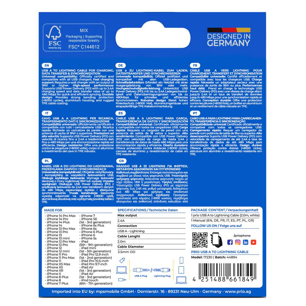 prio Lade- und Synchronisierungskabel USB A auf Lightning Mfi zertifiziert 2m weiß