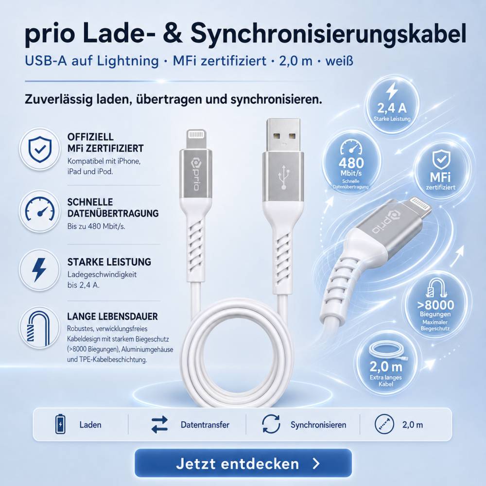 prio Lade- und Synchronisierungskabel USB A auf Lightning Mfi zertifiziert 2m weiß