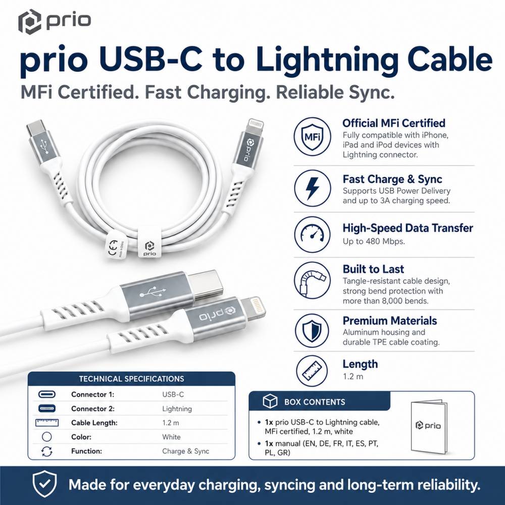 Prio Lade- Charge & Sync USB C auf Lightning Mfi -zertifiziert 1,2 m weiß