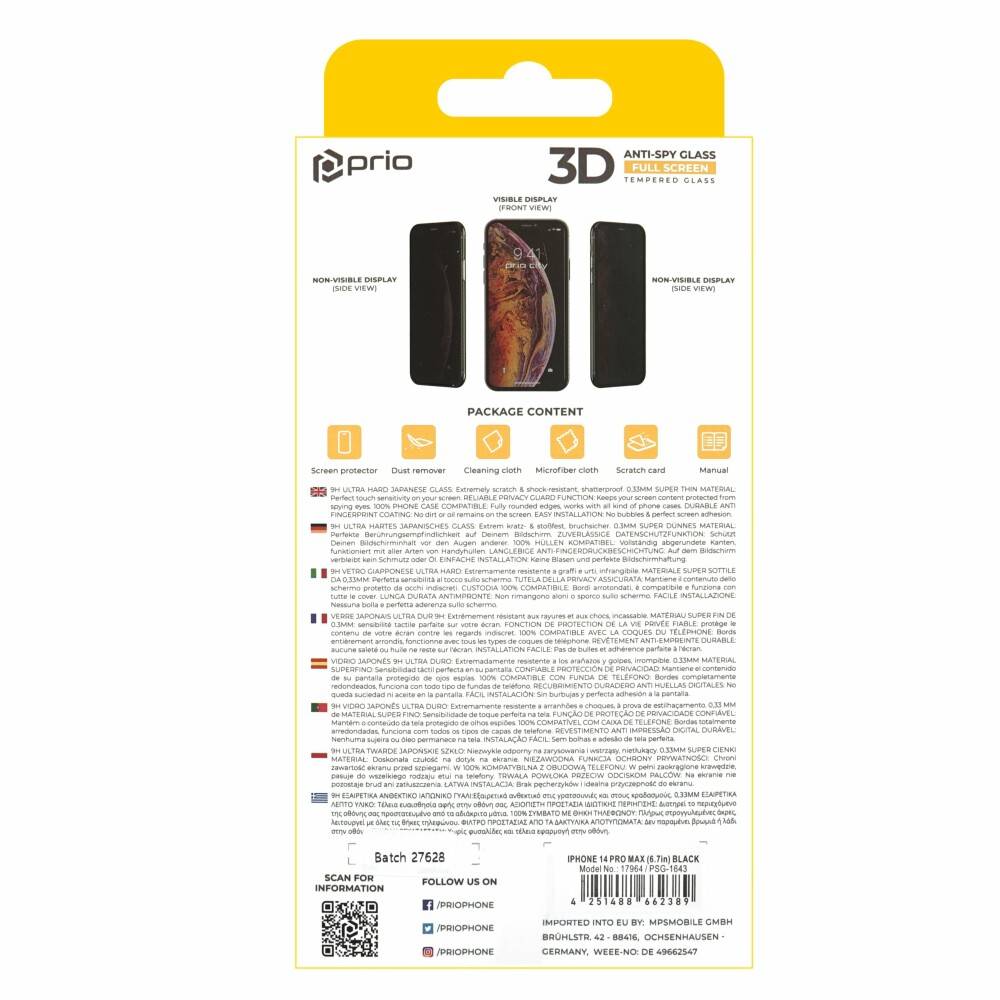 prio 3D Anti-Spy Displayschutzglas für iPhone 14 Pro Max schwarz