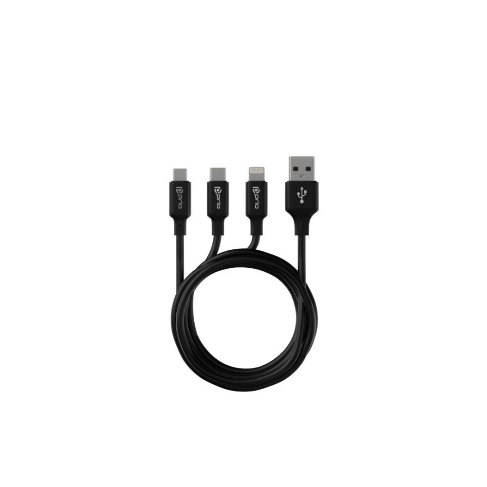 prio 3in1 Micro USB & USB C & Lightning zu USB A Kabel 3A 2m schwarz
