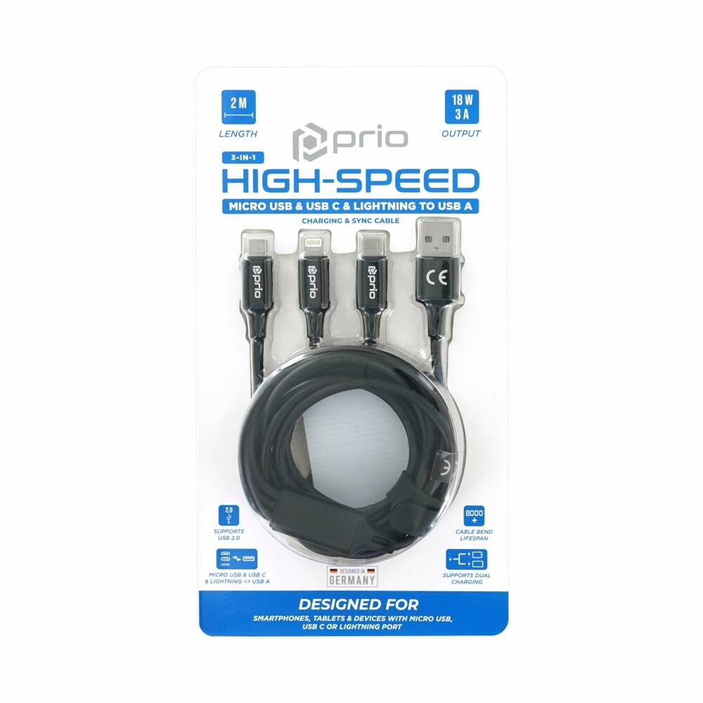 prio 3in1 Micro USB & USB C & Lightning zu USB A Kabel 3A 2m schwarz
