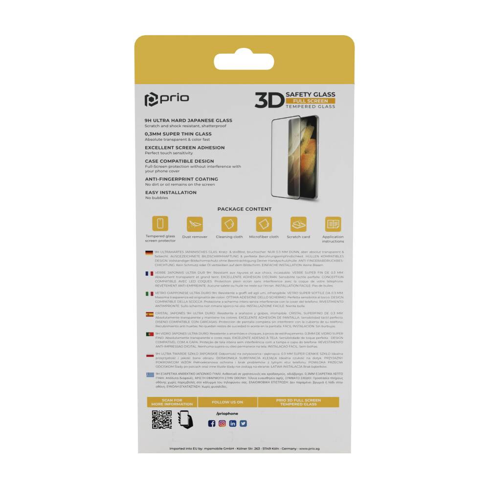 Das Bild zeigt die Rückseite einer Verpackung für einen Displayschutz aus '3D Sicherheitsglas'. Zu den Hauptmerkmalen gehören eine Härte von 9H, eine Dicke von 0,33 mm und eine Beschichtung gegen Fingerabdrücke. Auf der Verpackung sind Paketinhalte und Länderflaggen aufgeführt.