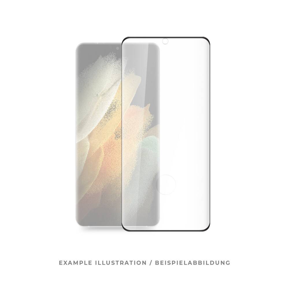 Eine transparente Schutzfolie ist vor einem Smartphone positioniert und zeigt ihre Passform und Abdeckung über dem Displaybereich des Telefons.