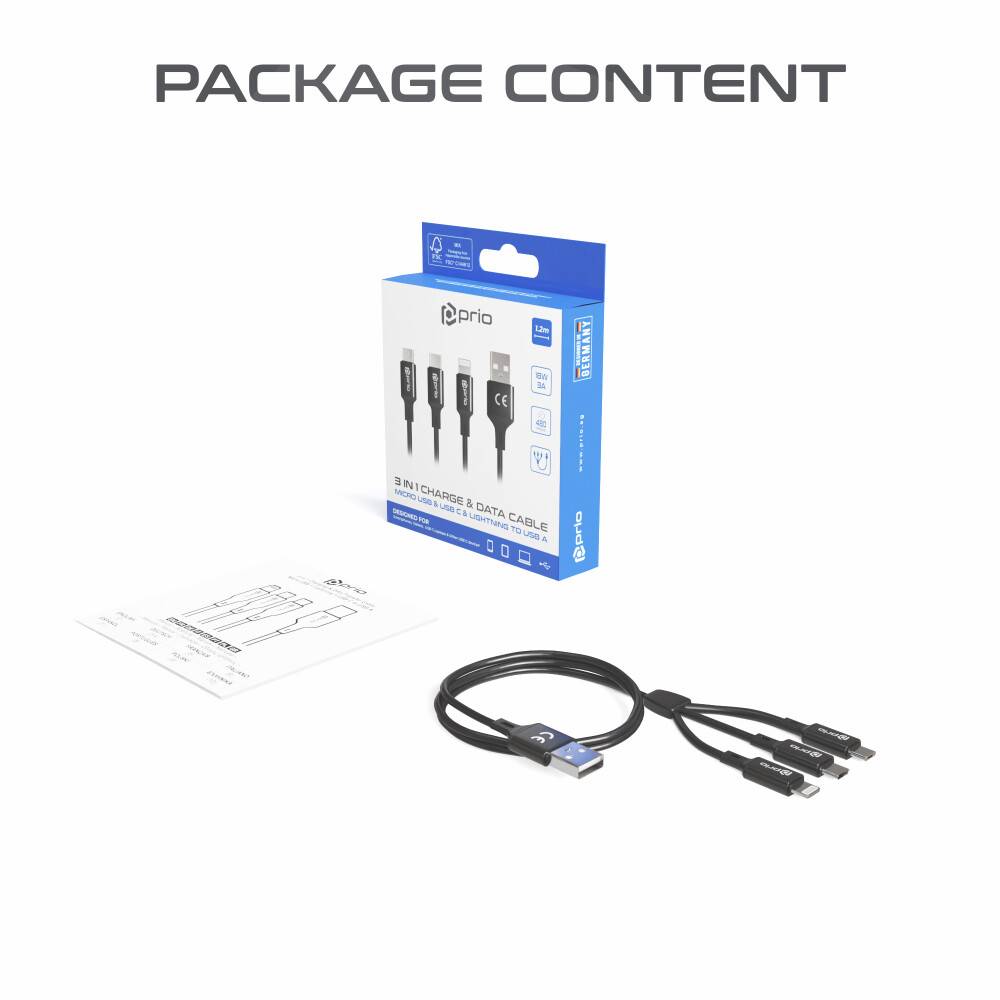 prio 3in1 Micro USB & USB C & Lightning zu USB A Kabel 3A 1,2m schwarz