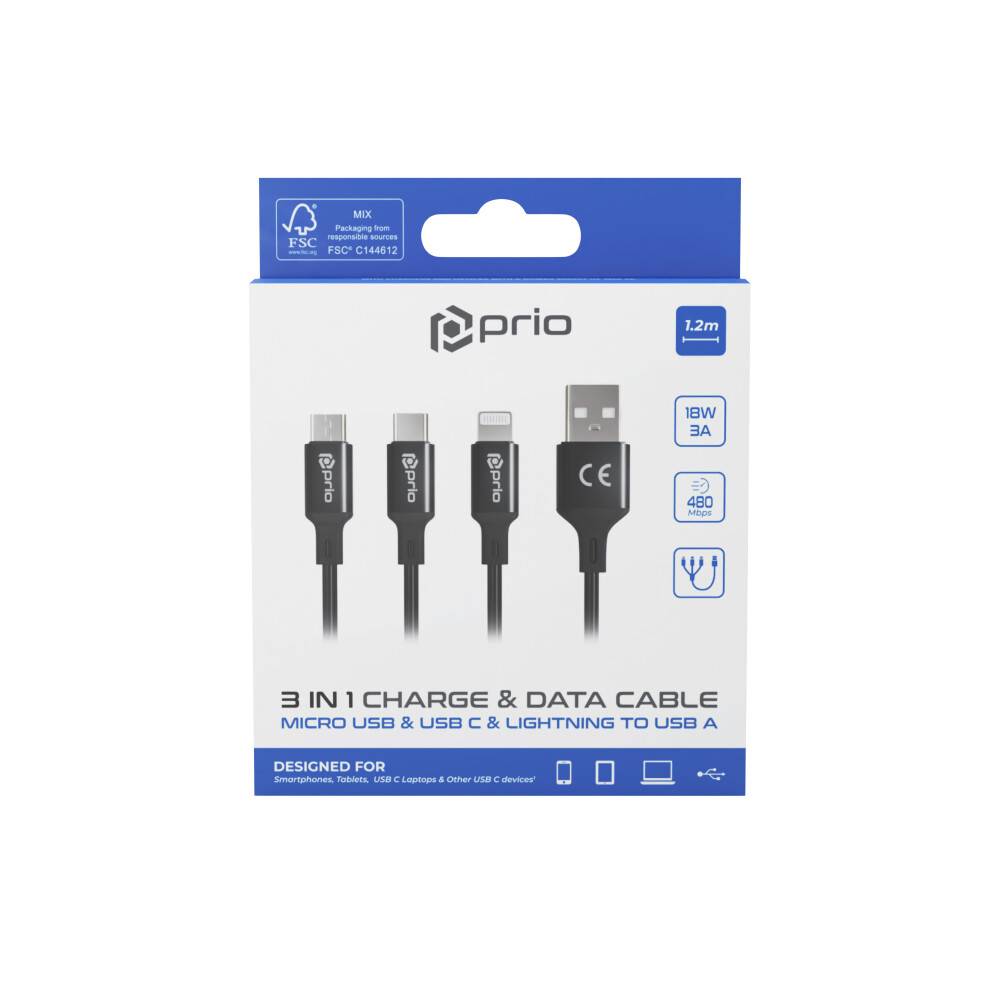 prio 3in1 Micro USB & USB C & Lightning zu USB A Kabel 3A 1,2m schwarz