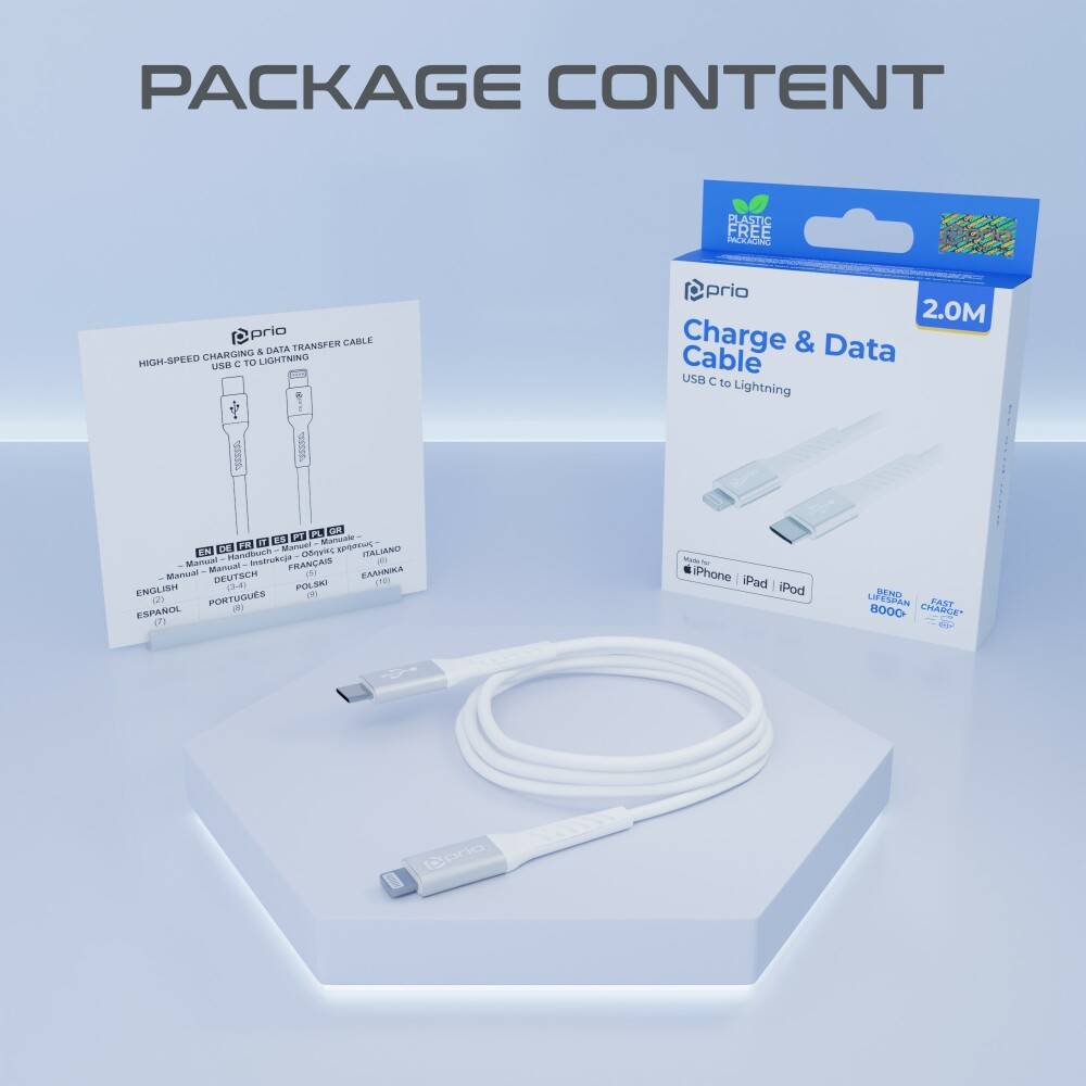 prio Lade- und Synchronisierungskabel USB C auf Lightning MFi-zertifiziert 2 m weiß