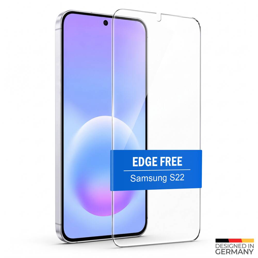 Zwei Samsung S22 Smartphones in Vorderansicht mit klaren kantenfreien Displayschutzfolien; das Etikett liest „EDGE FREE Samsung S22