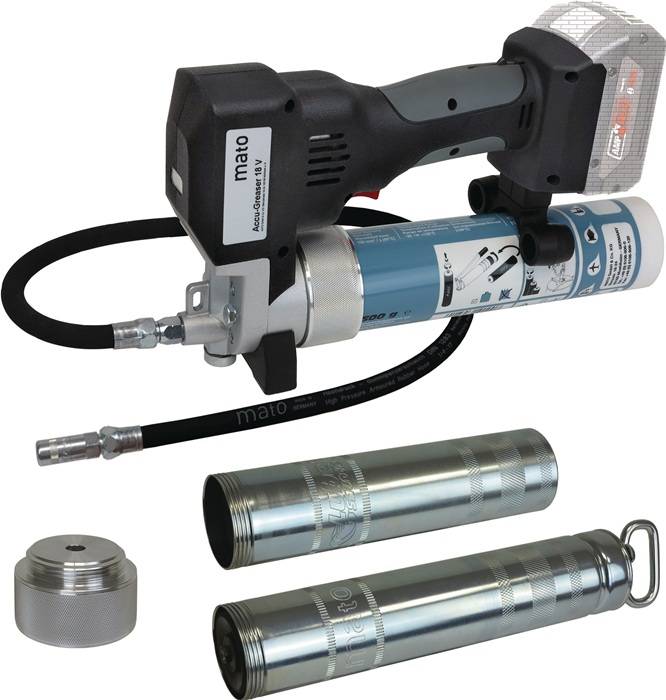 Automatische Fettpresse mit angeschlossenem Schlauch, inklusive zwei Metallpatronen und einem Adapter. Geeignet für mechanische Schmierungsaufgaben.