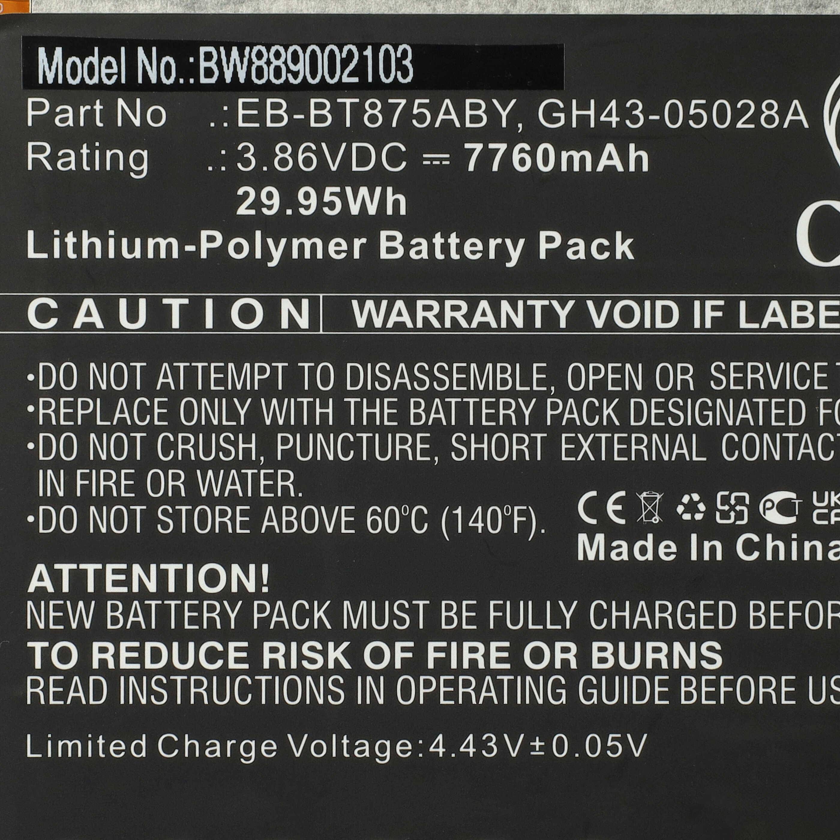 Etikett auf einem Lithium-Polymer-Akkupack mit Modell BW89002103, Teil EB-BT875ABY, 3,86V 7760mAh, 29,95Wh und Sicherheitswarnungen.