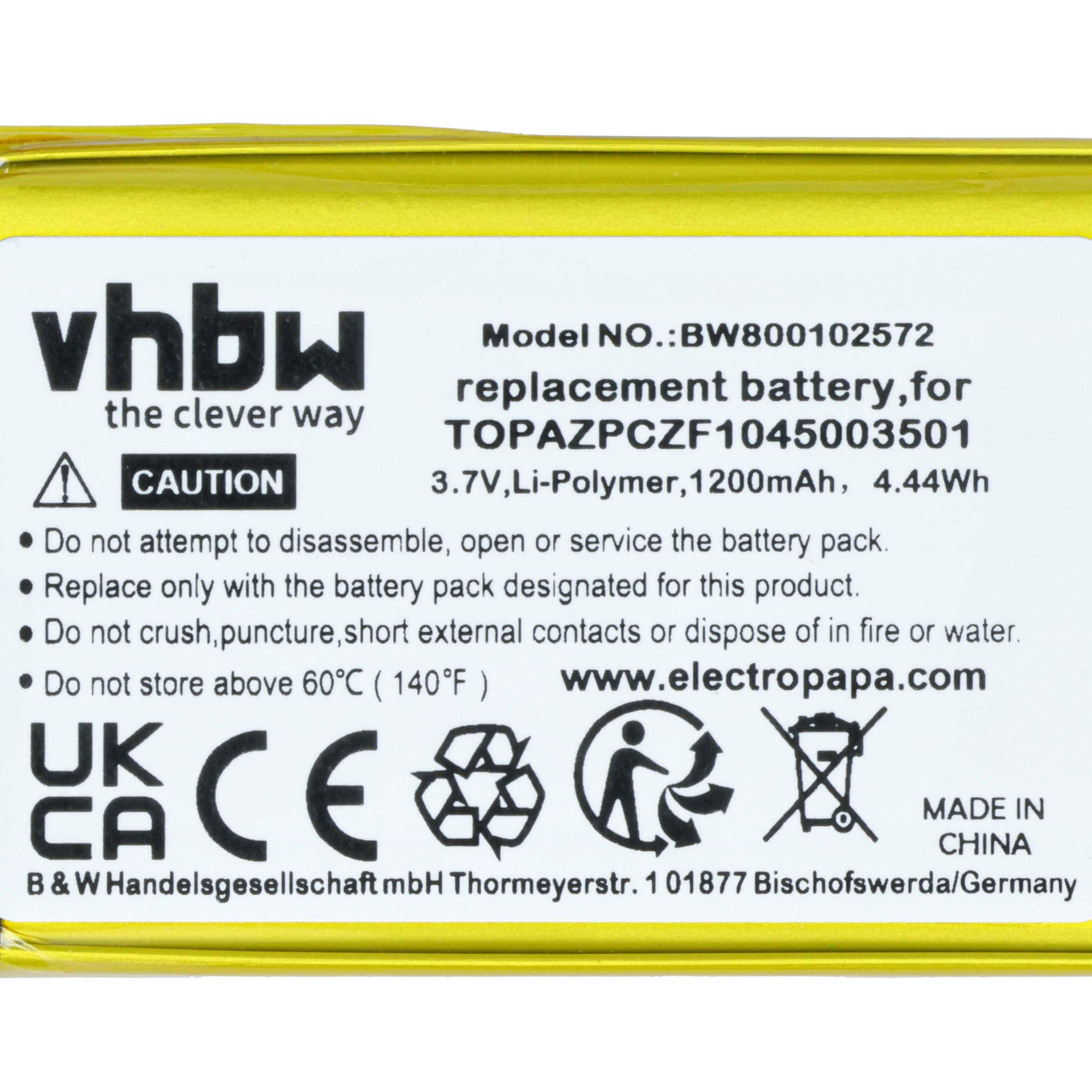 vhbw Akku Ersatz für Navigon Topaz, TOPAZPCZF1045003501 für GPS Navigation Navi (1200 mAh, 3,7 V, Li-Polymer)
