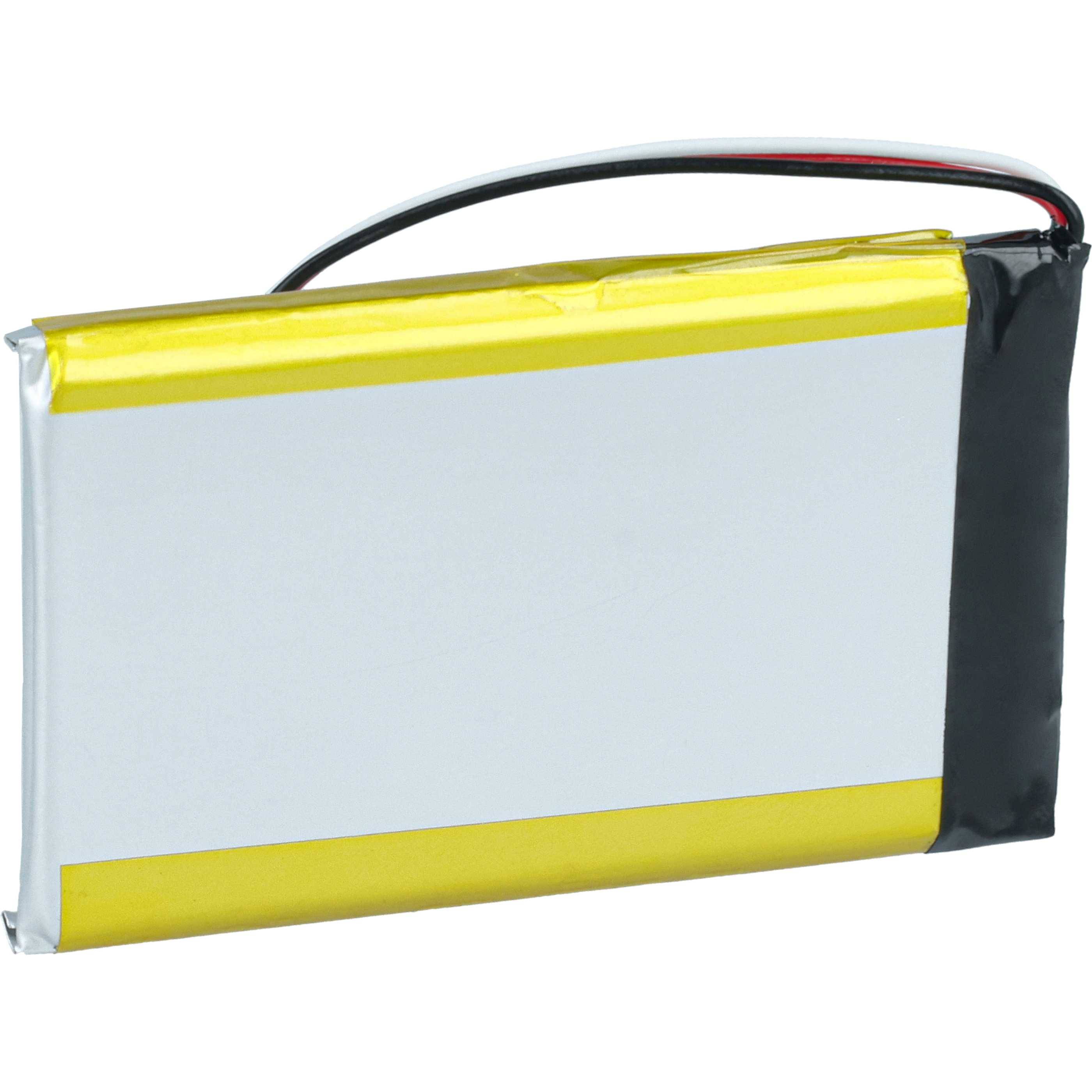 Eine dünne, rechteckige Lithium-Ionen-Batterie mit gelb-schwarzer Umwicklung und zwei freigelegten Drähten an der Oberseite.