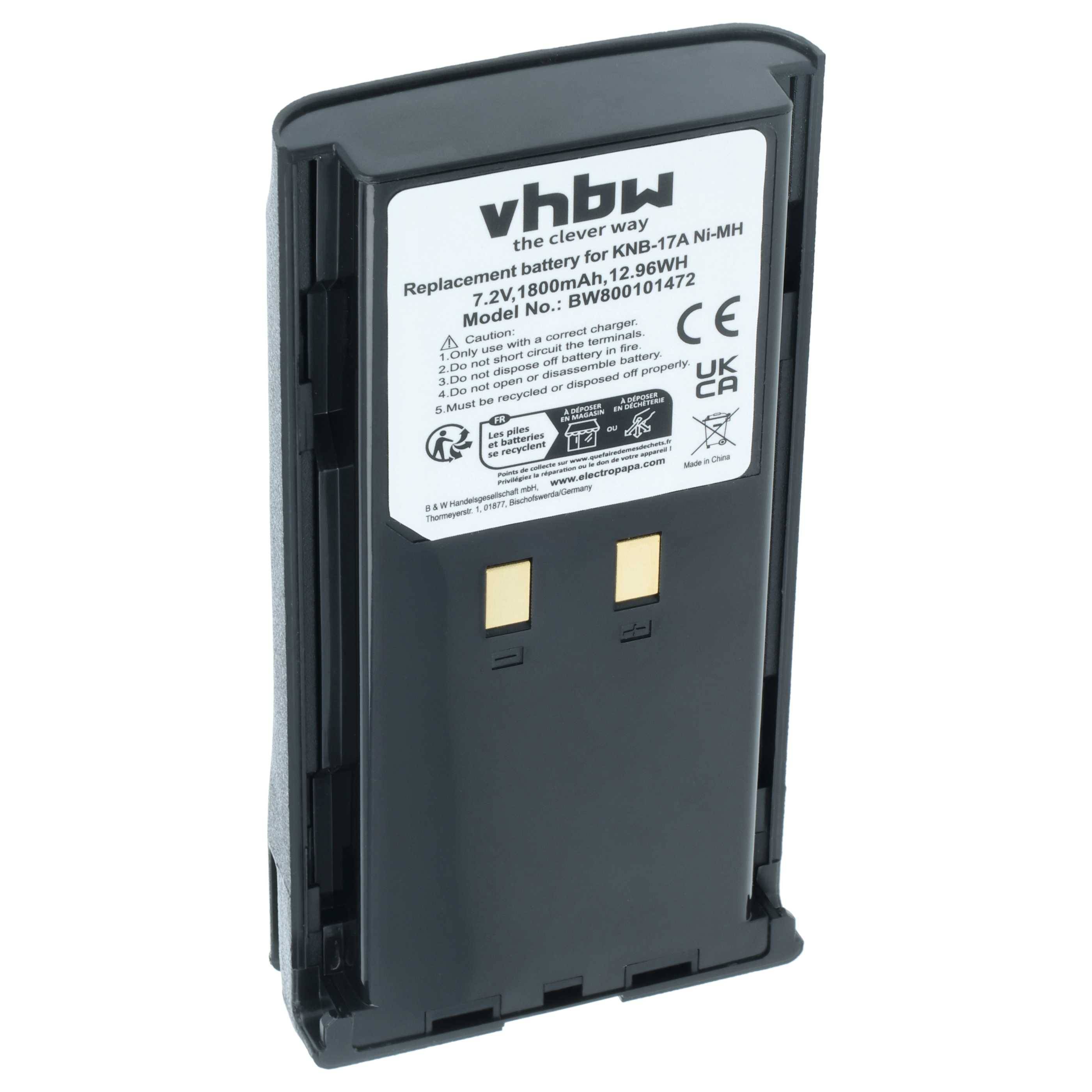 Akku mit Aufschrift 'vhbw, Ersatzakku für KNB-17A Ni-MH, 7,2V, 1800mAh, 12,96Wh, Modell-Nr.: BWB07101472'.