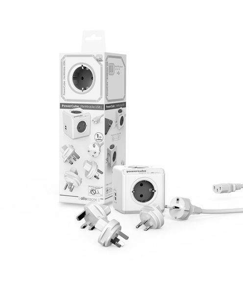 allocacoc PowerCube DuoUSB ReWirable Travel Plugs GRAU + DE Kabel, Reiseadapter & 4x Verteiler mit USB (2,1 A), 230V Schuko