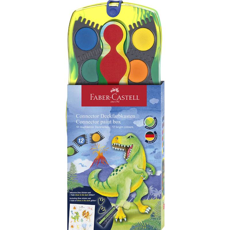 Malkasten mit 12 leuchtenden Farben, präsentiert in einer Verpackung mit Dinosaurier-Design