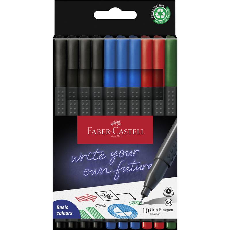 Eine Packung mit zehn Faber-Castell Fineliner in Grundfarben: Schwarz, Blau, Rot und Grün. Aufschrift auf der Verpackung: „Schreibe deine eigene Zukunft